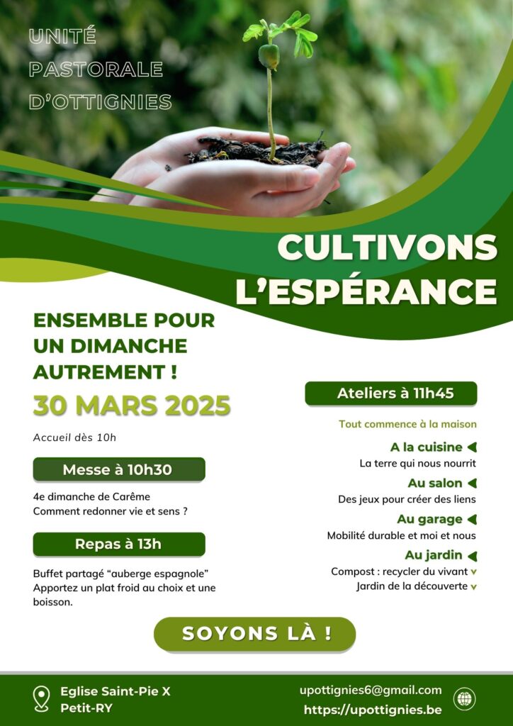 Affiche écologie dimanche autrement messe ateliers Ottignies